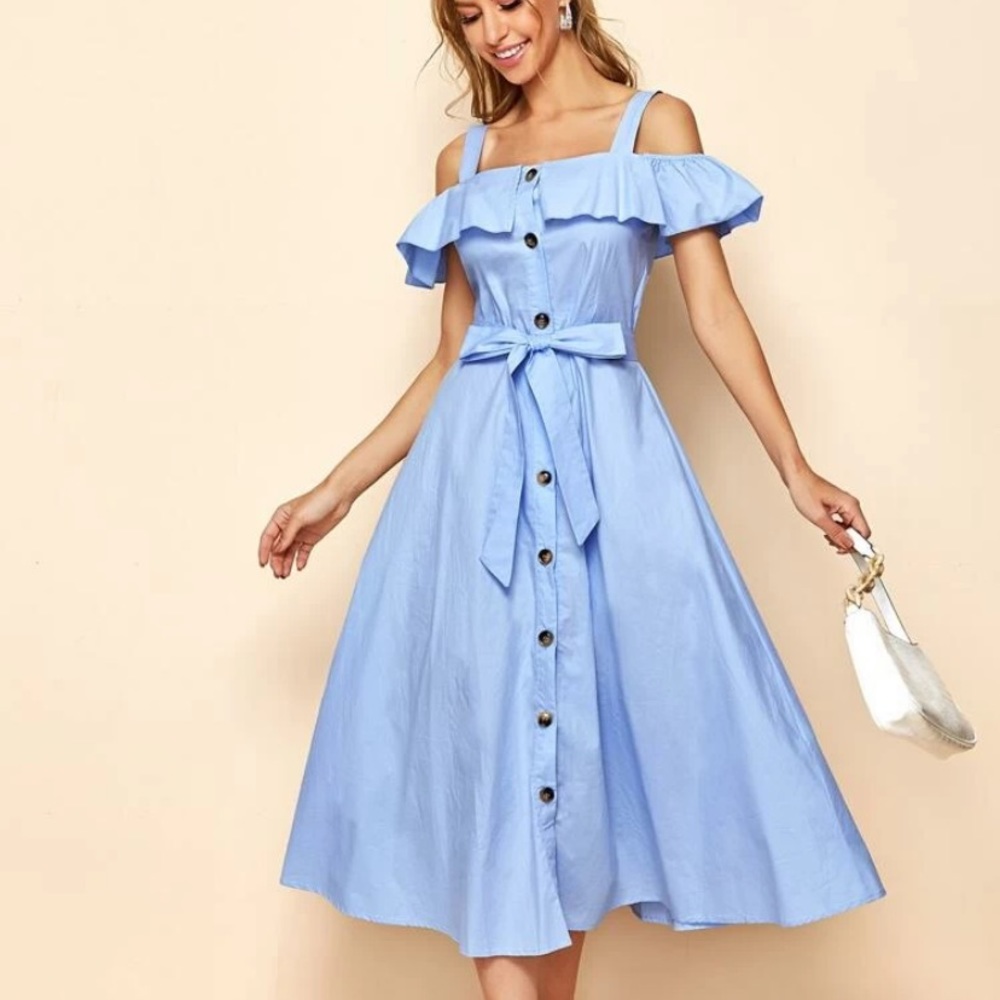 SHEIN Cold Shoulder Ruffle Detail Belted D…